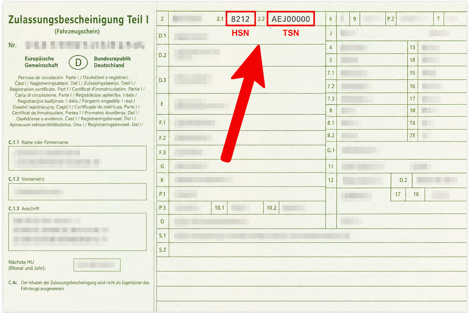 HSN und TSN in der Zulassungsbescheinigung Teil I
